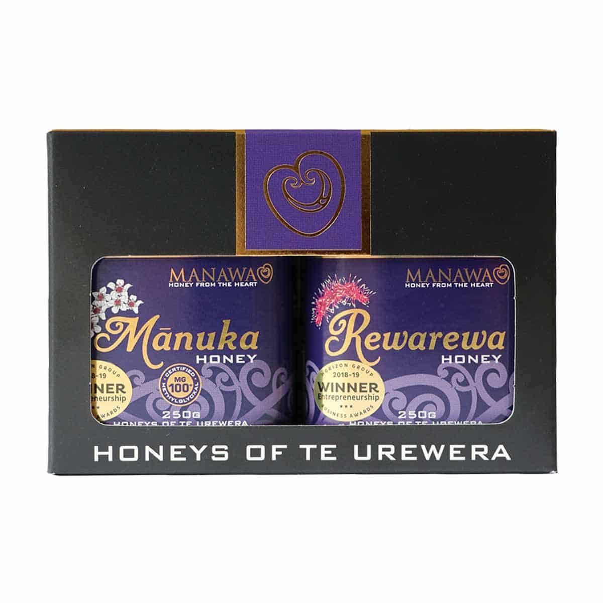 Manuka and Rewarewa Honey in Honeys of Te Urewera Gift Pack by Manawa Honey NZ in 250g jars