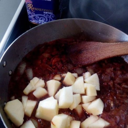 Pan of Honey Apple Bacon Sauce With Rewarewa Honey By Manawa Honey NZ
