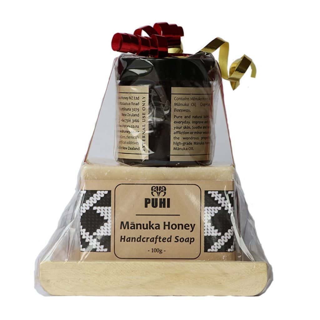 Mānuka Honey and Goat's Milk Handcrafted Soap With Mānuka Honey Healing Balm And Soap Rack In Christmas Gift By PUHI Skincare Of Manawa Honey NZ Of Ruatāhuna, Te Urewera, New Zealand: Back View
