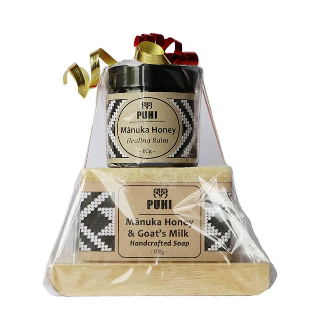 Mānuka Honey and Goat's Milk Handcrafted Soap With Mānuka Honey Healing Balm And Soap Rack In Christmas Gift By PUHI Skincare Of Manawa Honey NZ Of Ruatāhuna, Te Urewera, New Zealand