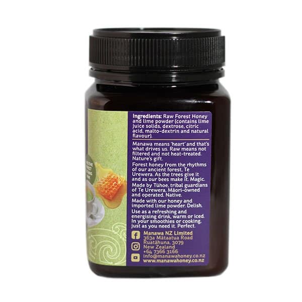Raw Forest Honey And Lime Infusion 500g Ingredients Side Image From Manawa Honey NZ