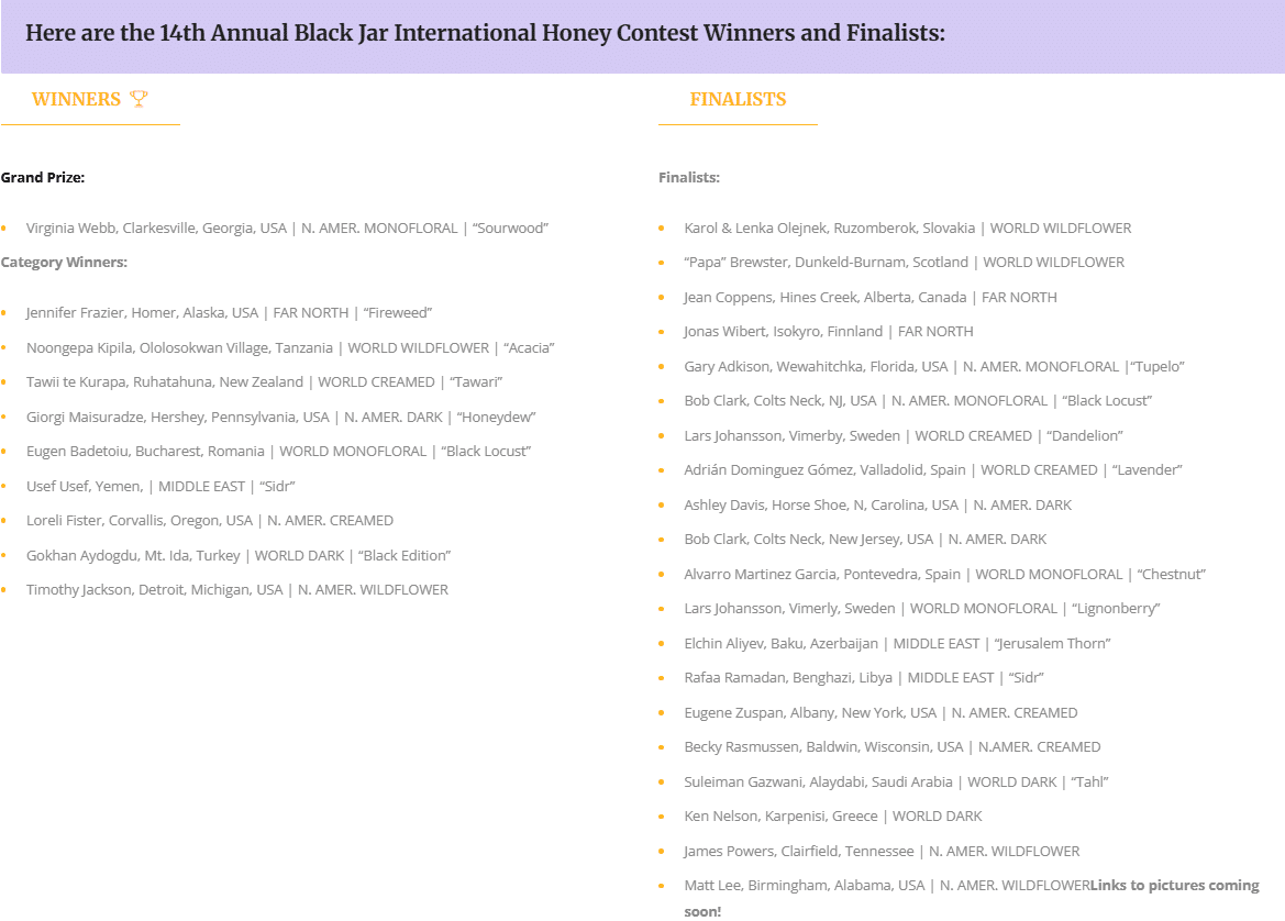 Screenshot displaying the results of the 14th Annual Black Jar International Honey Contest, listing Grand Prize winner Virginia Webb (Sourwood honey, USA), Category Winners (including Manawa Honey NZ for Tawari honey), and numerous Finalists.