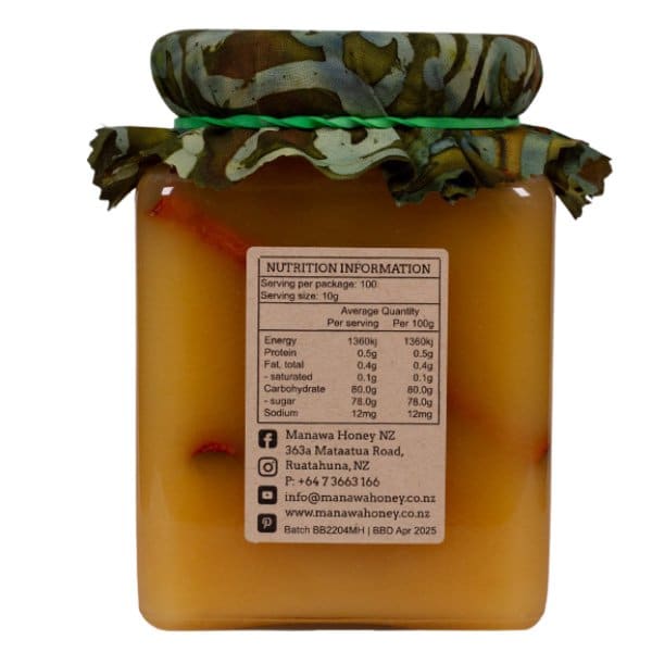Maunga Honey & Cinnamon Infusion in 1kg Glass Jar Produced Raw By Manawa Honey NZ Ingredients Label On Back Of Jar