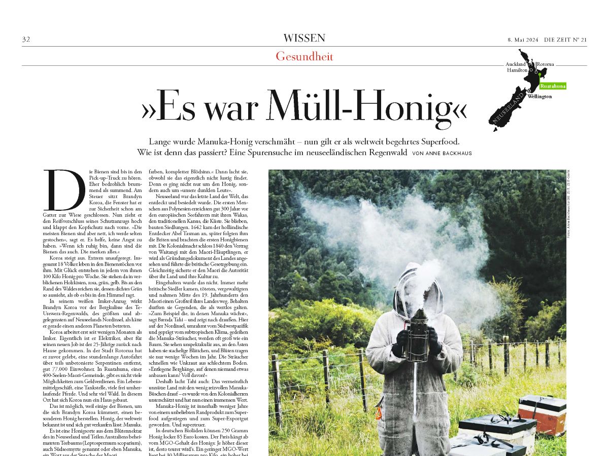 Manuka Honey article in Die Zeit newspaper of Germany features Manawa Honey NZ of Ruatahuna