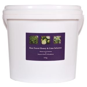 Large 6kg white pail of Raw Forest Honey & Lime Infusion by Manawa Honey NZ of Ruatāhuna.