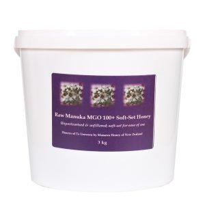 3kg pail of Raw Mānuka MGO 100+ Soft-Set Honey from Honeys of Te Urewera by Manawa Honey NZ.