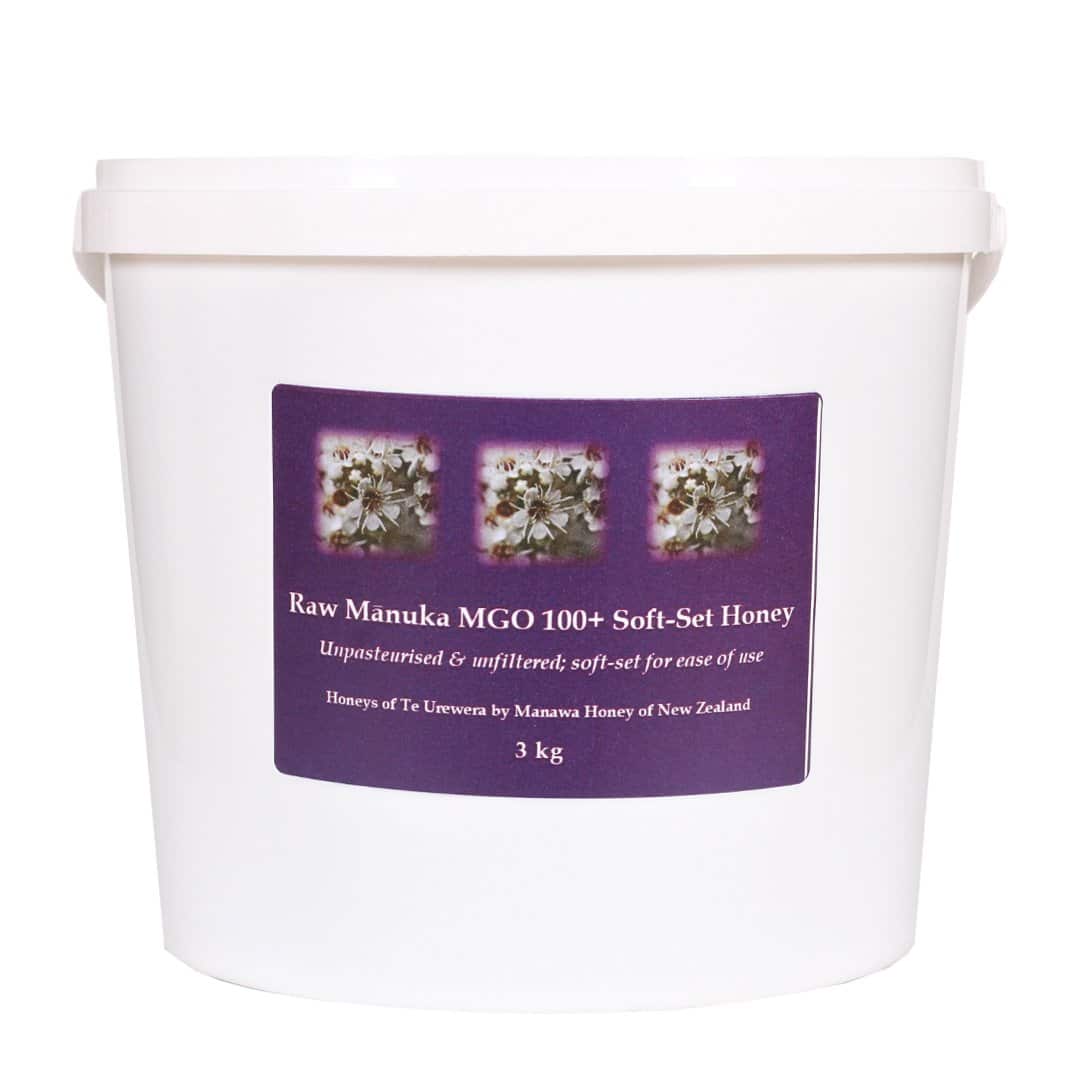 3kg pail of Raw Mānuka MGO 100+ Soft-Set Honey from Honeys of Te Urewera by Manawa Honey NZ.