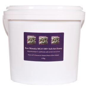 Large 6kg commercial pail of Raw Mānuka MGO 100+ Soft-Set Honey by Manawa Honey NZ.