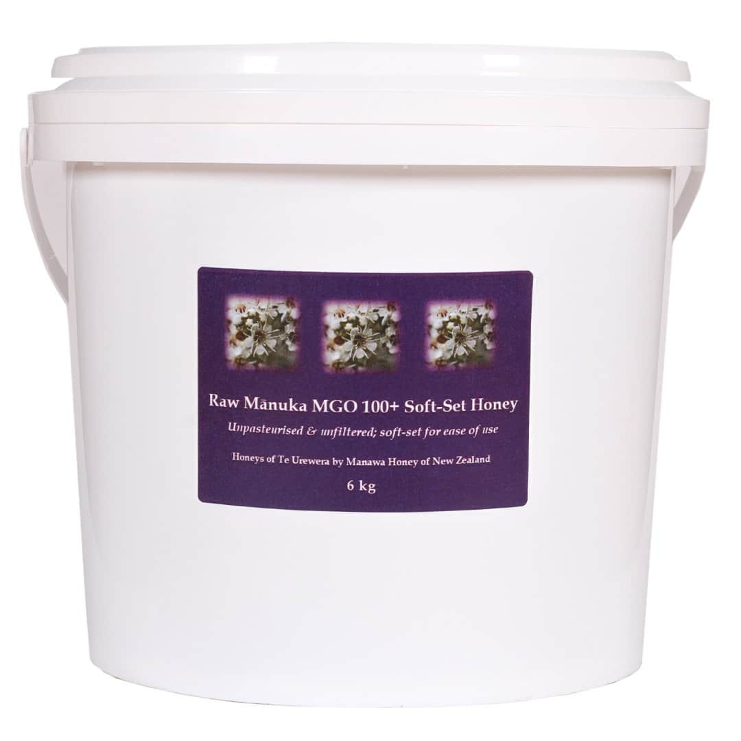 Large 6kg commercial pail of Raw Mānuka MGO 100+ Soft-Set Honey by Manawa Honey NZ.