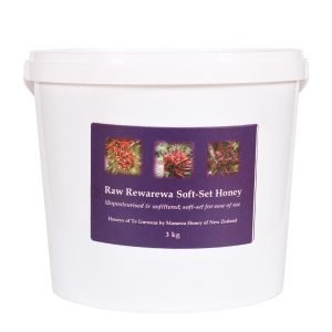 White 3kg bucket of Raw Rewarewa Soft-Set Honey, unpasteurised and unfiltered native forest honey.
