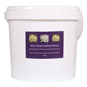 6kg white pail of Raw Tāwari Soft-Set Honey, unpasteurised and unfiltered forest honey.